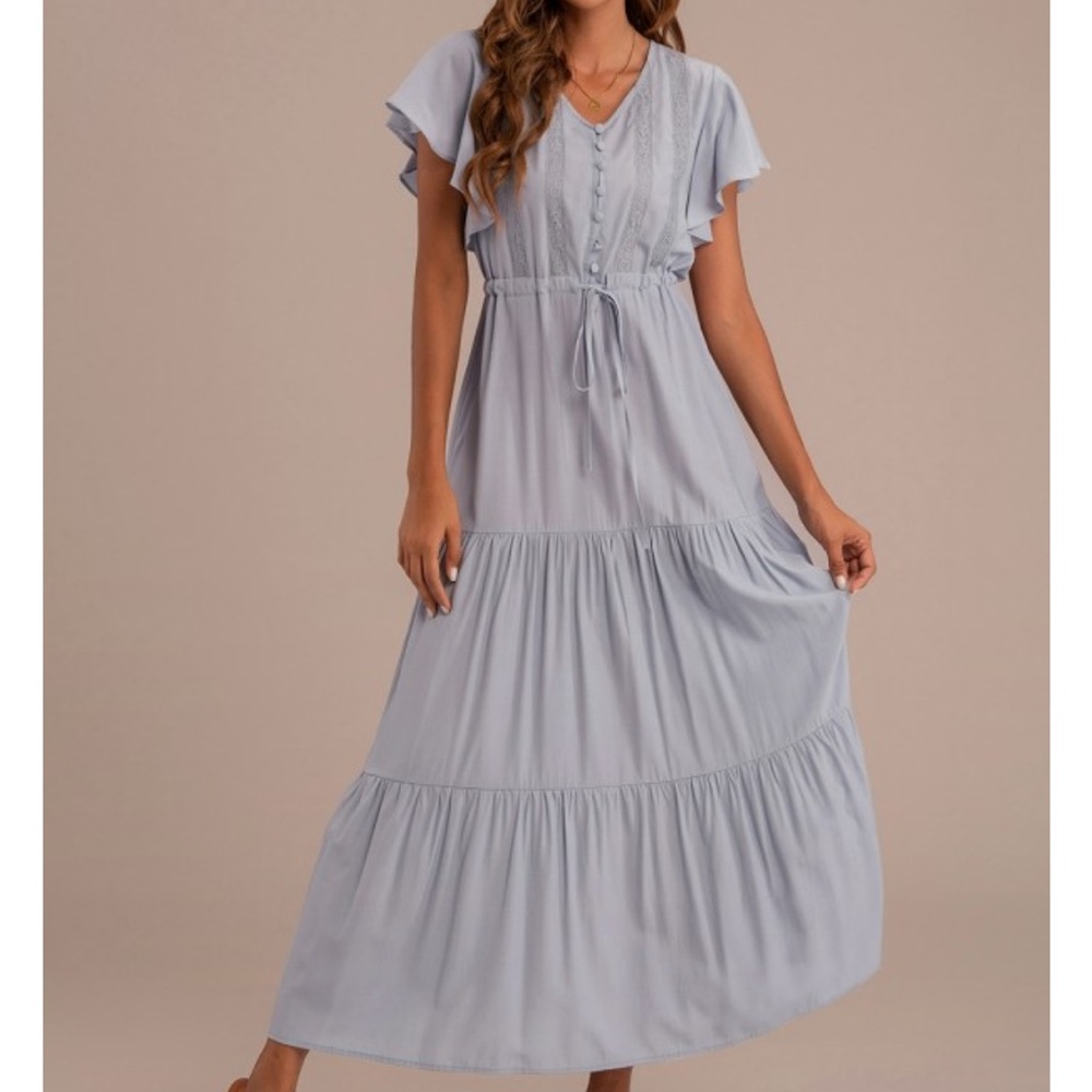 Short Ruffle Sleeve V Neck Buttons Maxi Dress